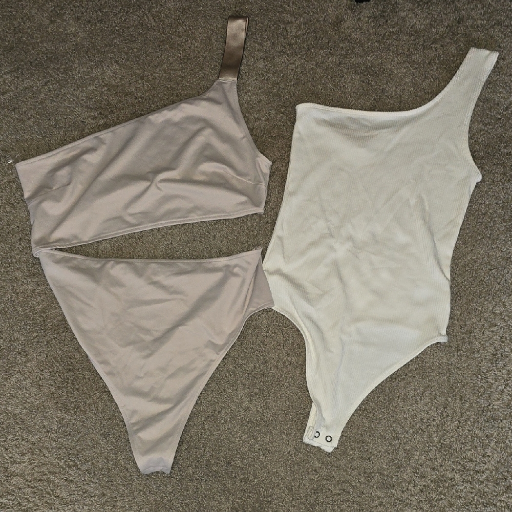 American Eagle Outfitters One-Shoulder Bodysuits in Cream and Tan